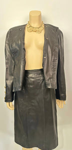 Rare Chanel Vintage 1980/1990 Black Leather Jacket and Skirt Suit FR 42