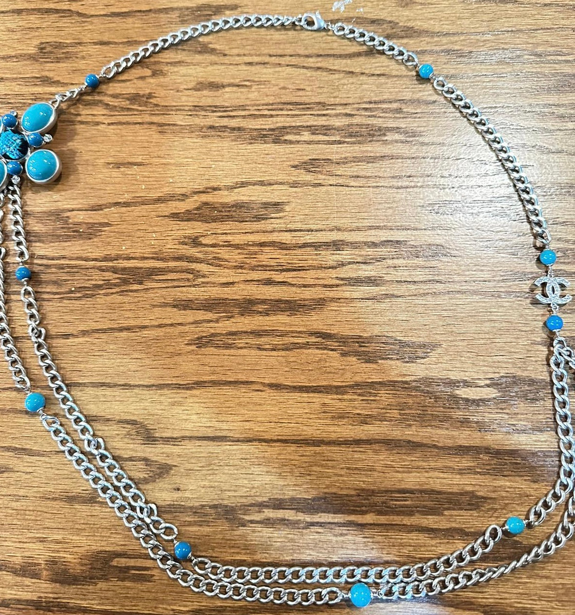 Chanel 07A 2007 Fall Turquoise Multi-Strand Tweed Crystal CC