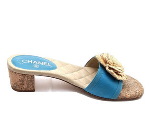 Chanel 12C 2012 Cruise Resort turquoise blue beige cork heel slides EU 38