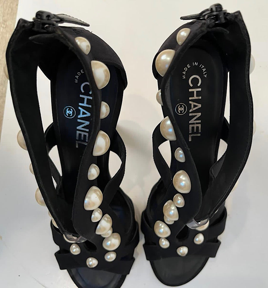 CHANEL Black Fabric Pearl Embellished Straps Wedge Heel Sandals 40