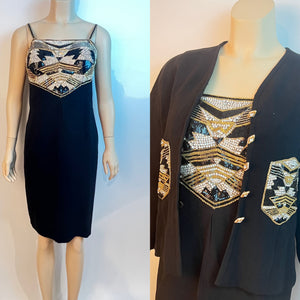 Rare Chanel 1985 Runway Haute Couture Crystal Embellished 2 Piece Dress Jacket Set