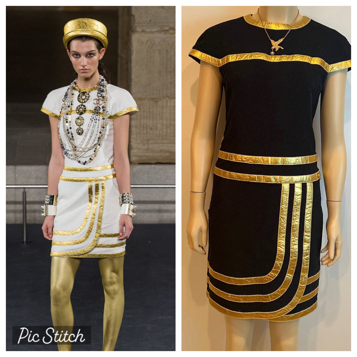 CHANEL PRE-FALL 2019 Collection WHITE LONG EGYPTIAN Dress with GOLD TRIM EU  36
