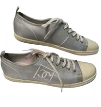 Load image into Gallery viewer, Chanel 10C, 2010 Cruise Resort Silver Metallic Canvas Woven CC Logo Tennis Shoes EU 41 US 10/11
