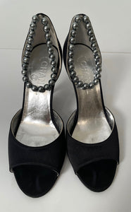 Chanel 2005 black peep toe silk Pearl Strap Heels EU 37 US 6.5/7