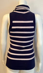 NWT Chanel 15S 2015 Summer Cashmere Navy Blue Lilac Stripe Sleeveless Turtleneck Sweater Top Blouse FR 36 US 4