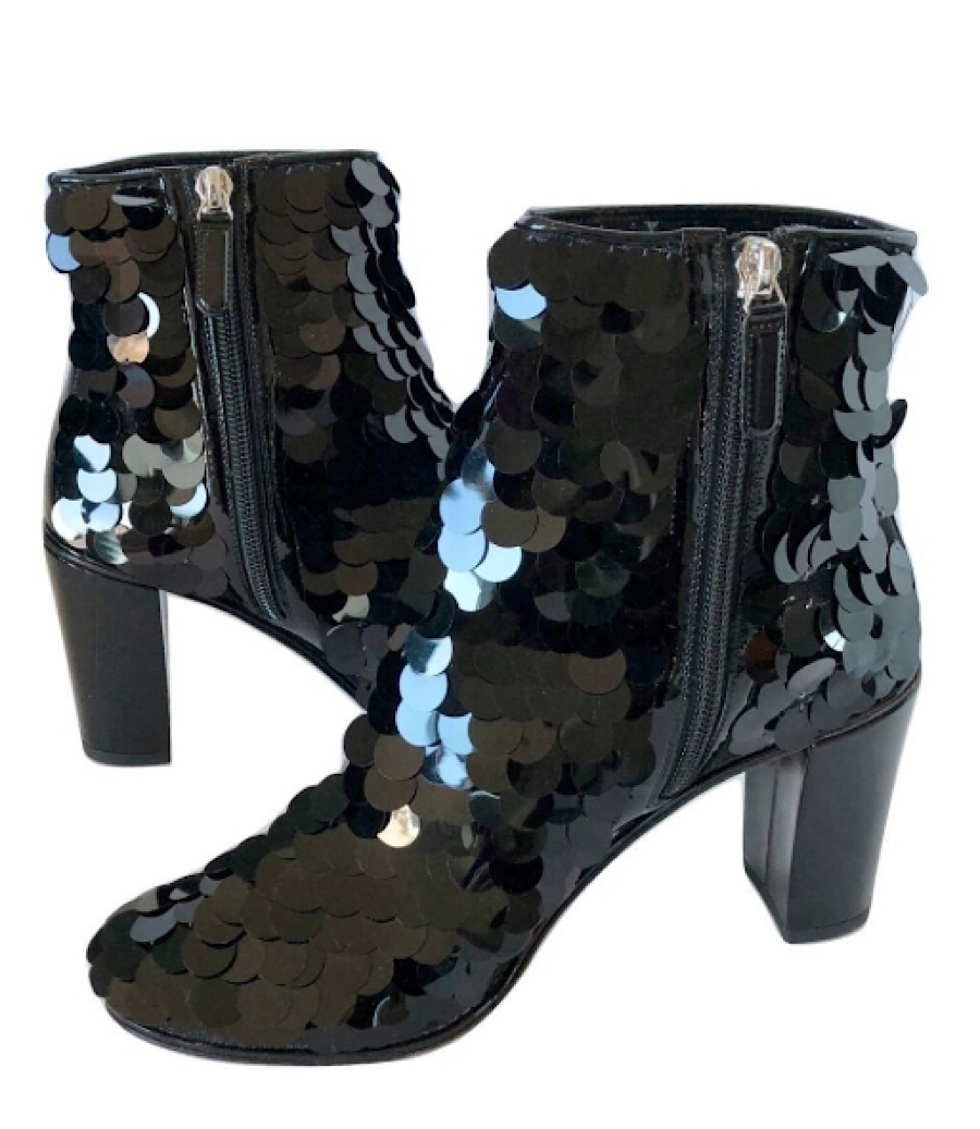 Chanel Black Sequin Embellished Ankle Boots Booties EU 37 US 6 6.5