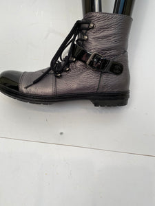 Chanel 05, 2005 metallic Grey black patent leather biker combat short ankle boots boots EU 37 US 6/6.5