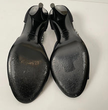 Load image into Gallery viewer, Chanel 2005 black peep toe silk Pearl Strap Heels EU 37 US 6.5/7
