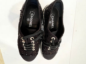 Chanel 17P 2017 Spring Black sequined Lace Up Tennis type  Shoes with contemporary thick soles and  pearl trim. EU 39.5 US 9/9.5