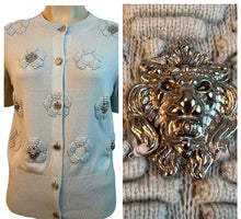 Load image into Gallery viewer, Chanel 17P 2017 Spring Pastel Sea foam Blue Short Sleeved Cashmere Cardigan Sweater Top Metal Lions Heads Blouse FR 36 US 4/6