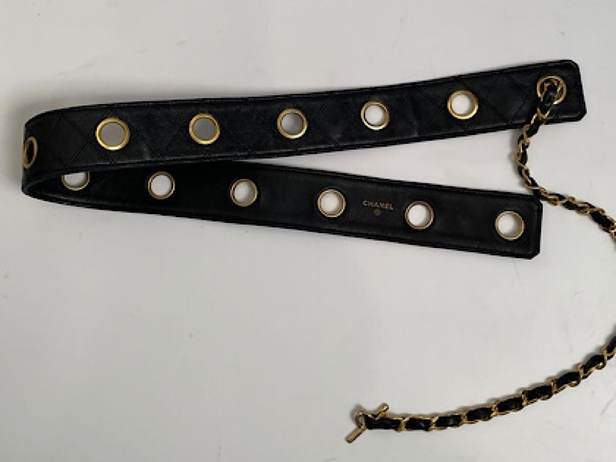 小物 CHANEL vintage belt CHANEL Black Leather & Gold Metal Belt Wide Oversized Multi