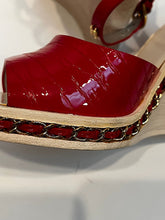 Load image into Gallery viewer, Chanel 14P 2014 Spring Patent Leather Red Chain Wedge Heel Sandals EU 38.5 US 7.5