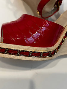 Chanel 14P 2014 Spring Patent Leather Red Chain Wedge Heel Sandals EU 38.5 US 7.5