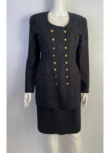 Rare Amazing 22 Buttons 1990 Vintage Chanel Black Linen Skirt Suit FR 38