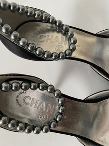 Chanel 2005 black peep toe silk Pearl Strap Heels EU 37 US 6.5/7