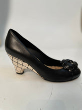 Load image into Gallery viewer, Chanel 14C 2014 Cruise Resort black leather camellia cork heel wedges EU 38C US 7.5B/8