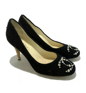 Chanel 12C 2012 Cruise Resort black wool interlocking CC crystal cork screw heels pumps US 7.5/8