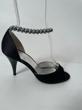 Load image into Gallery viewer, Chanel 2005 black peep toe silk Pearl Strap Heels EU 37 US 6.5/7