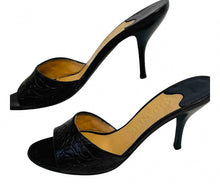 Load image into Gallery viewer, Chanel Black Leather Camellia Heel Slides EU 39 US 8.5 Wide