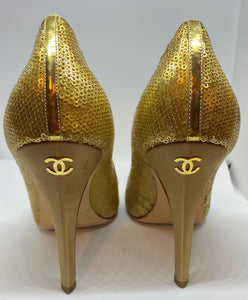 Chanel sequin gold stiletto heel pumps EU 39
