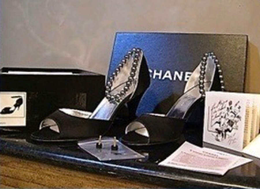 Chanel 2005 black peep toe silk Pearl Strap Heels EU 37 US