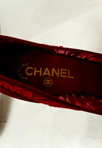 Chanel Light Red Lace Satin Heels EU 39C US 8.5/9
