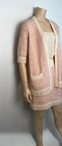 Chanel 18P 2018 Spring Pink Ivory 3 Pc Woven Cardigan Skirt Belt Skirt Set FR 36 US 4/6