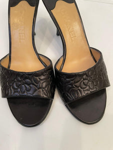 Chanel Black Leather Camellia Heel Slides EU 39 US 8.5 Wide
