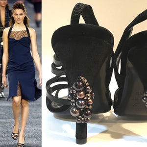 Brand New Chanel 04A 2004 Fall Black Velvet Patent Leather Sandal Heels pearl embellishment EU 38.5