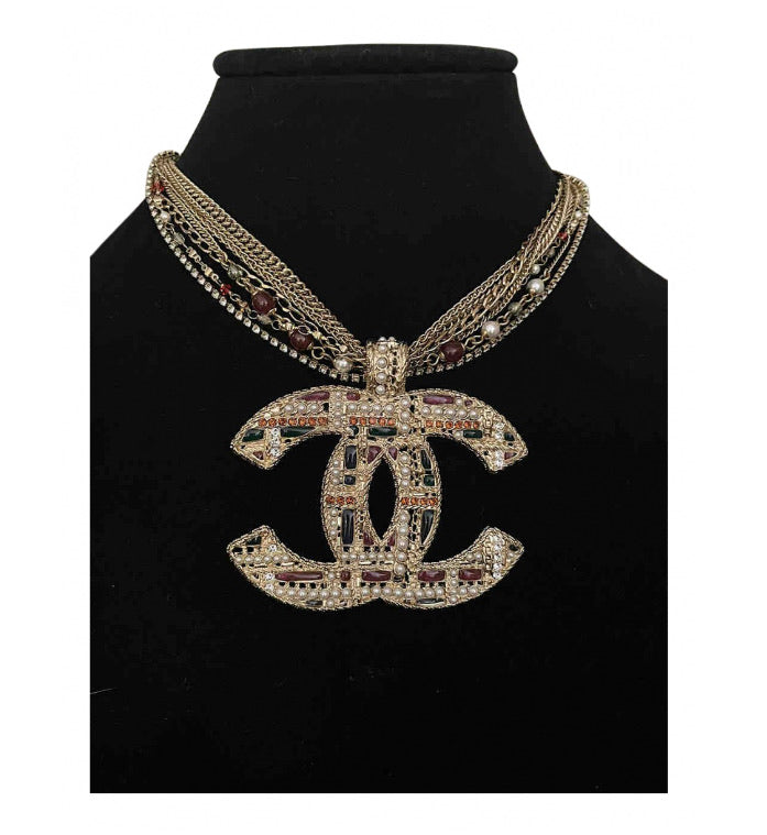 Gold Metal, Black Resin Along The Nile Large CC Pendant Necklace, 2019