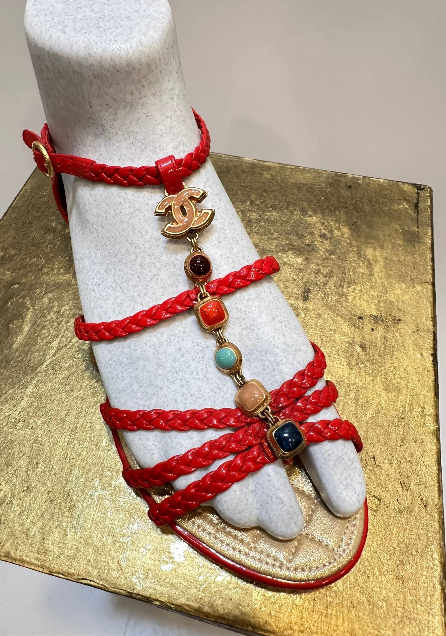 Chanel Red Patent Leather Cabochon Stones CC Charm Sandals