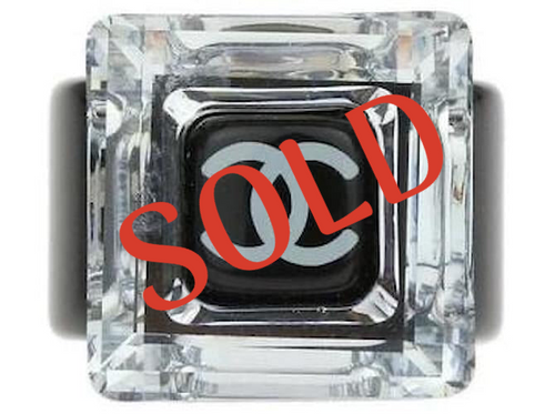 Chanel 08A Square Mirror CC Crystal Resin Black Cocktail Ring Size 6.5