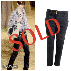 Chanel Runway 12P, 2012 Spring black with leather patchwork Denim Jeans Pants FR 38 US 4