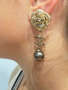 Chanel 06A Camellia CC Gold Crystal Clip On Earrings