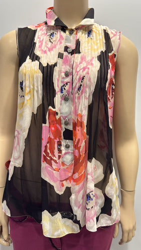 Chanel 11P 2011 Spring Black Floral Silk Chiffon Top Blouse FR 38 US 4/6
