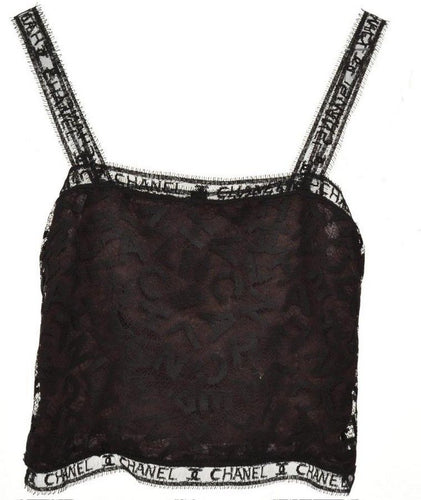 Rare 98A Chanel Runway Vintage black CC Logo lace cami blouse FR 38 US 4