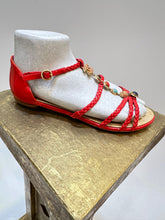 Load image into Gallery viewer, Chanel Red Patent Leather Cabochon Stones CC Charm Sandals EU 37 US 6/6.5