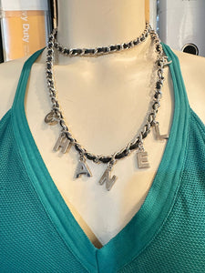Chanel Charm Letters 2012 Silver Black Leather Chain Link Belt/Necklace