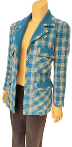 93P, 1993 Spring Rare Chanel Vintage Turquoise Pink Tweed Jacket FR 40 US 4/6