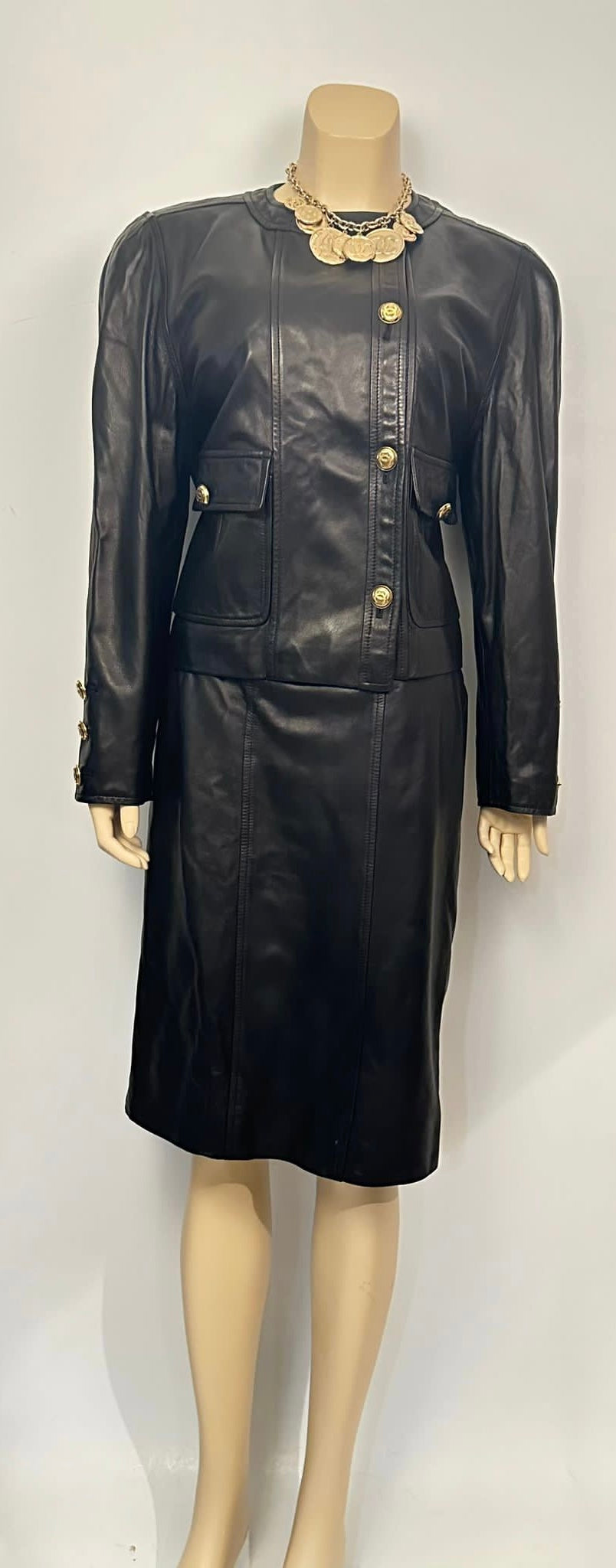 Rare Chanel Vintage 1980/1990 Black Leather Jacket and Skirt Suit FR 42