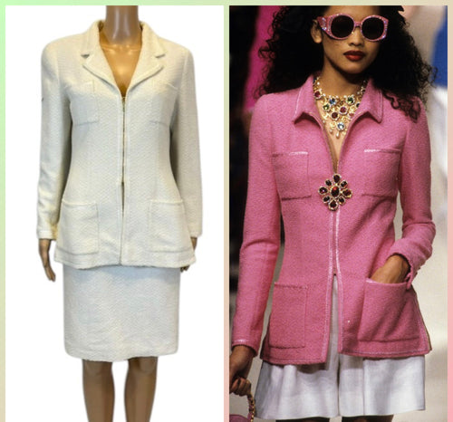 Vintage Chanel 95P Barbie Runway Ivory Patent Trim Skirt Suit FR 42 US 4/6