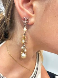 Chanel 06A Lucky Heart Charm Pearl Dangle Silver Gold Earrings