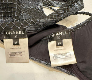 Chanel 17C 2017 Paris-Cuba Blue Metallic and Black Bikini SwimSuit FR 38 US 4/6
