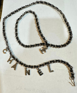 Chanel Charm Letters 2012 Silver Black Leather Chain Link Belt/Necklace