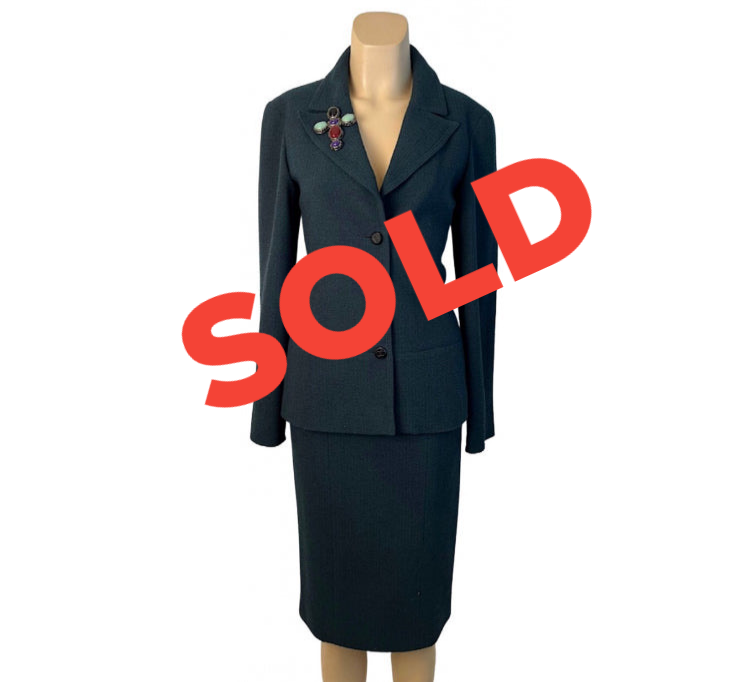 Vintage Chanel 98A 1998 Fall Green Jacket Skirt Suit FR 34 US 4