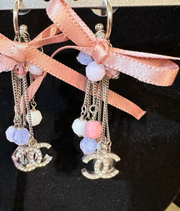 Chanel extra long pink 07C Ribbon bead & Crystal logo earrings