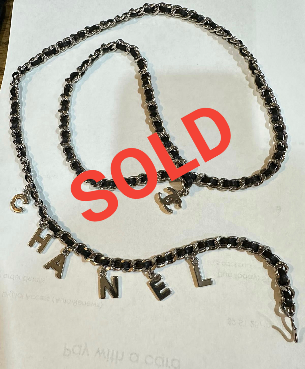 Chanel Charm Letters 2012 Silver Black Leather Chain Link Belt/Necklace