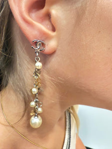 Chanel 06A Lucky Heart Charm Pearl Dangle Silver Gold Earrings