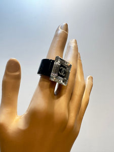 Chanel 08A Square Mirror CC Crystal Resin Black Cocktail Ring Size 6.5