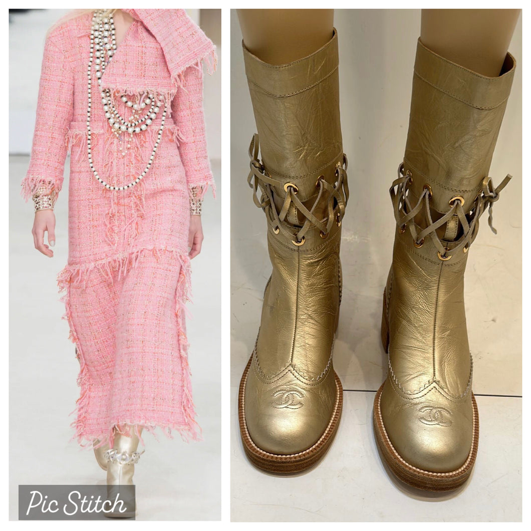 Chanel 16A Runway Gold Metallic Biker Boots EU 39.5 US 9 9.5 HelensChanel